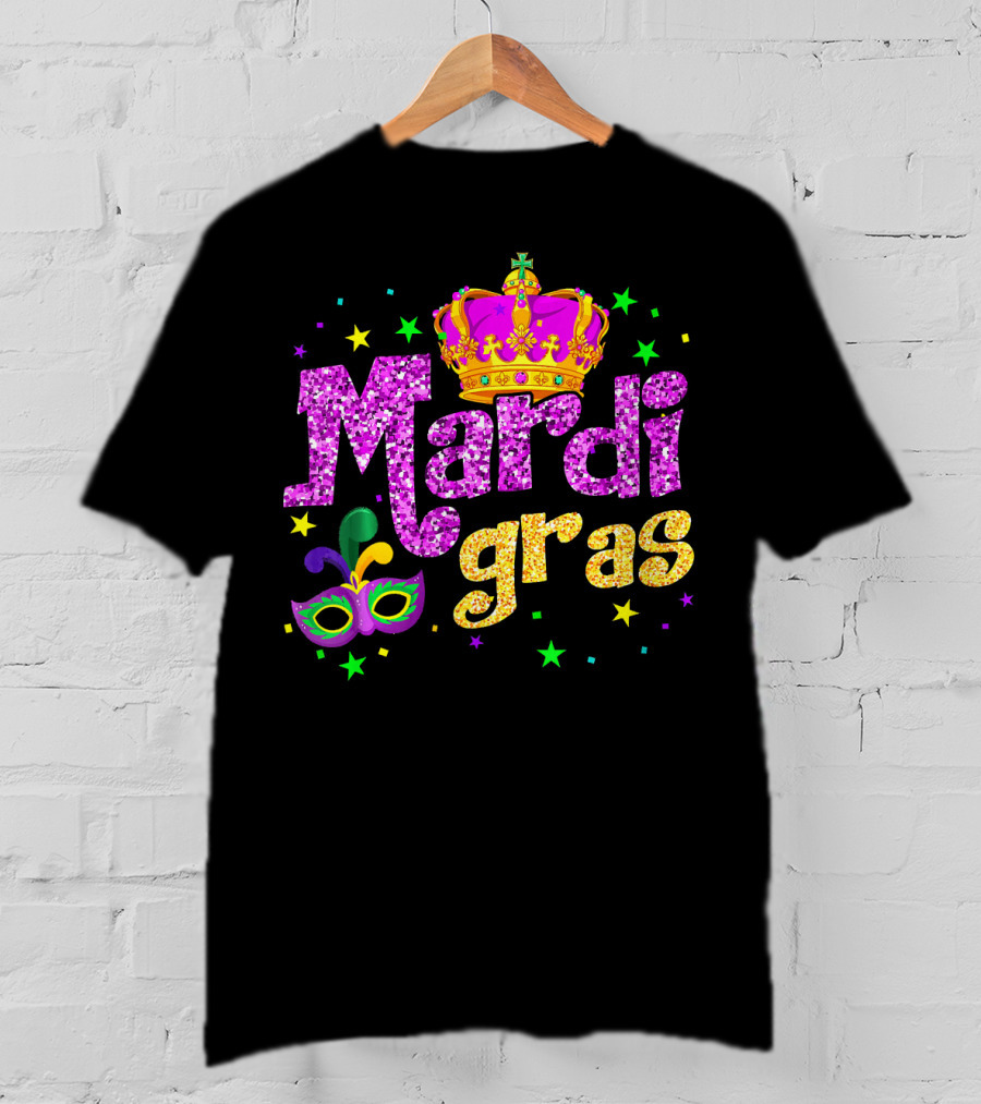 Mardi Gras Crown Glitter Mask Stars T-Shirt