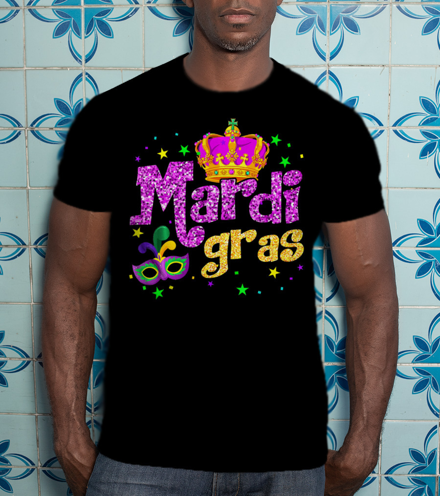 Mardi Gras Crown Glitter Mask Stars T-Shirt