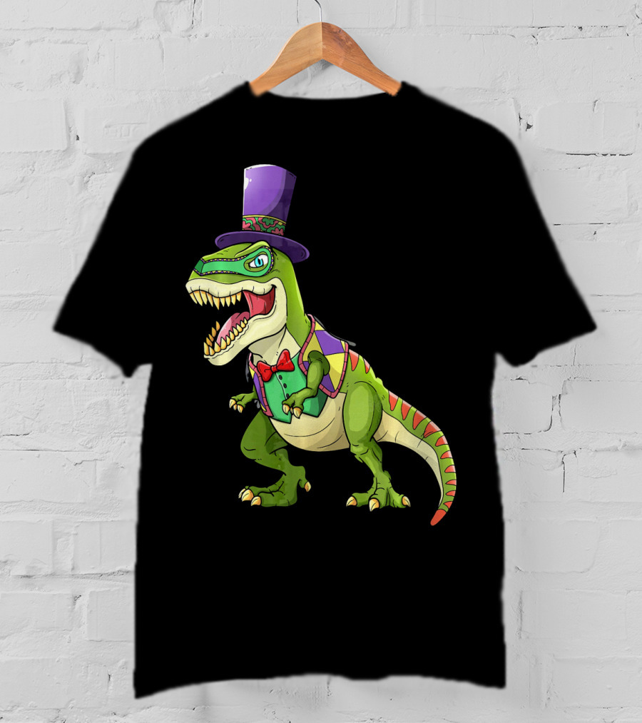 Mardi Gras Dinosaur Wearing Top Hat And Bow Tie T-Shirt