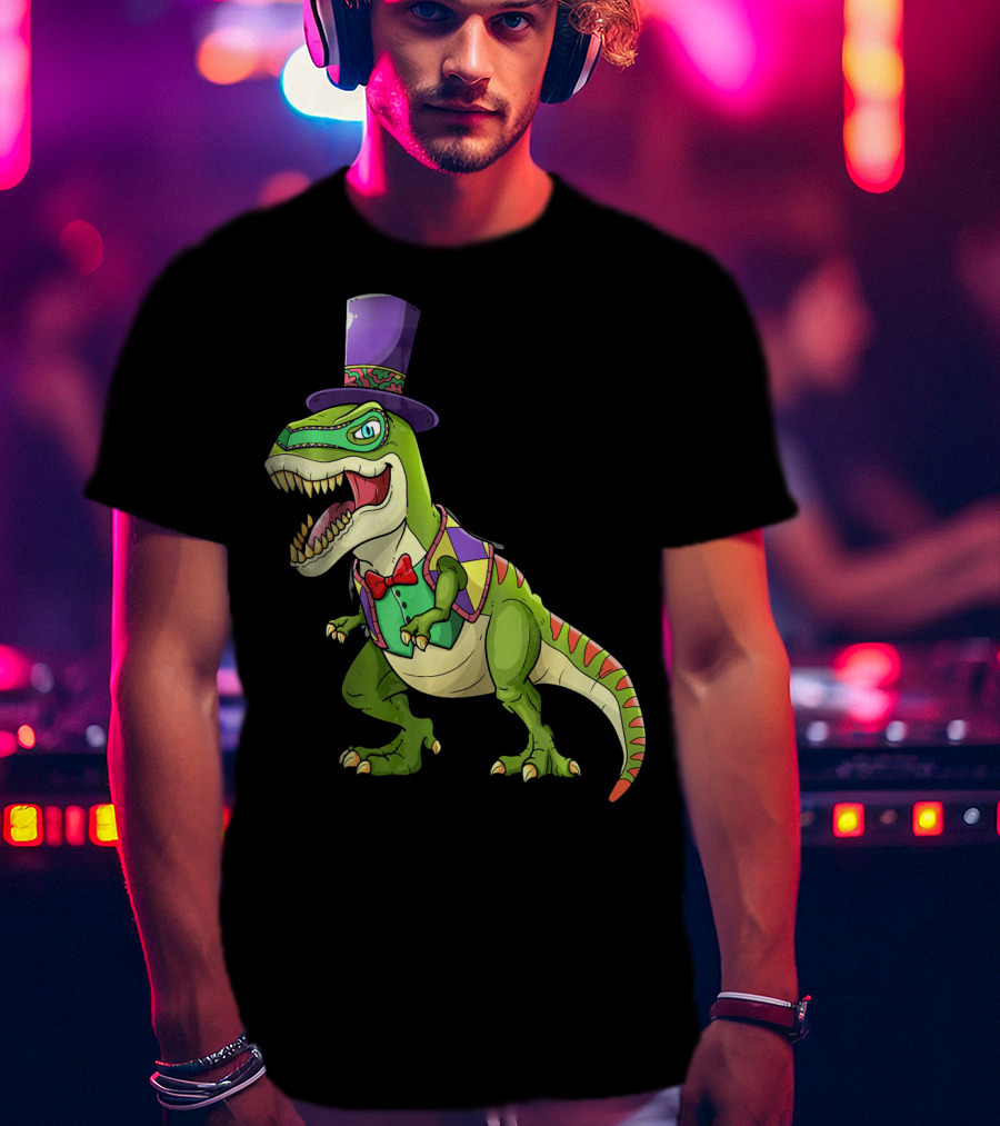 Mardi Gras Dinosaur Wearing Top Hat And Bow Tie T-Shirt