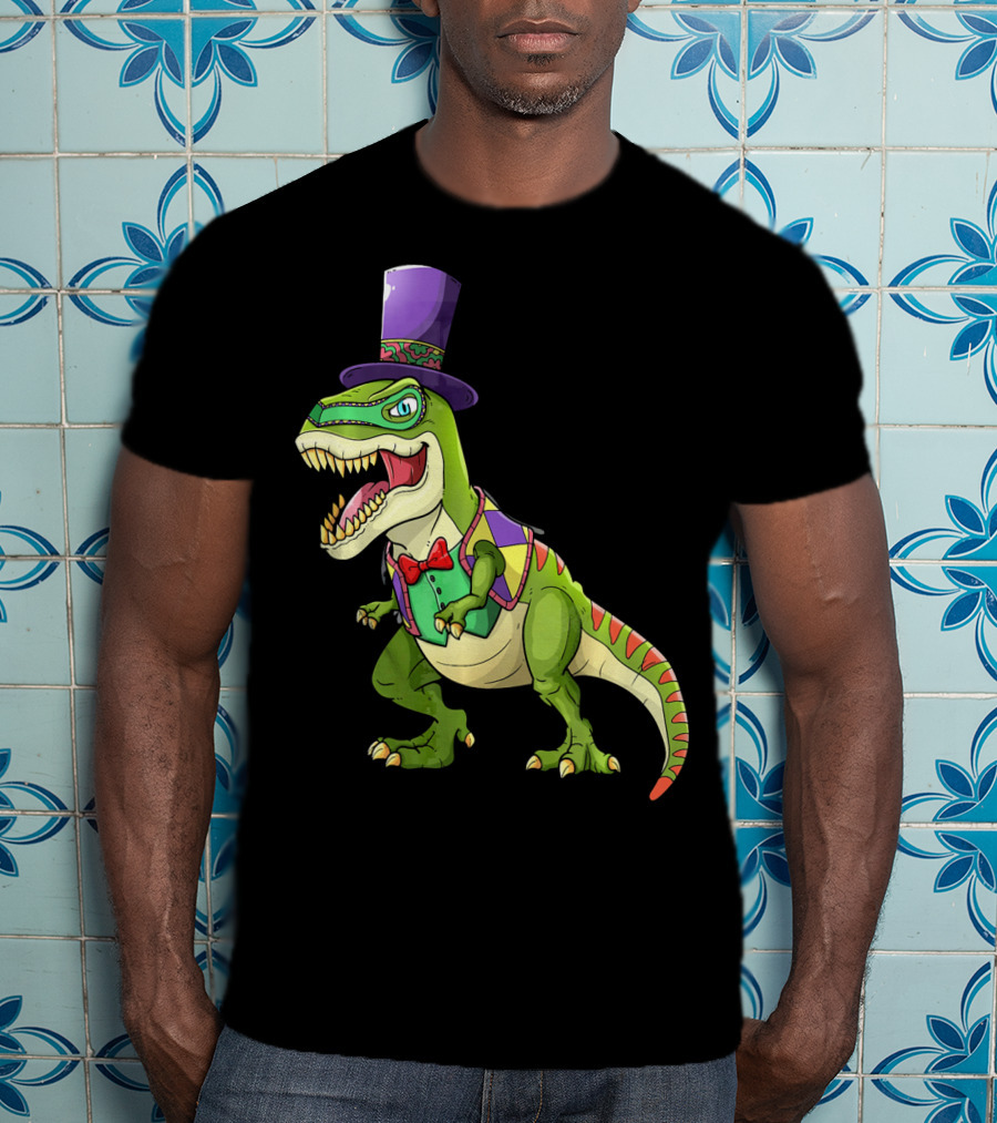 Mardi Gras Dinosaur Wearing Top Hat And Bow Tie T-Shirt