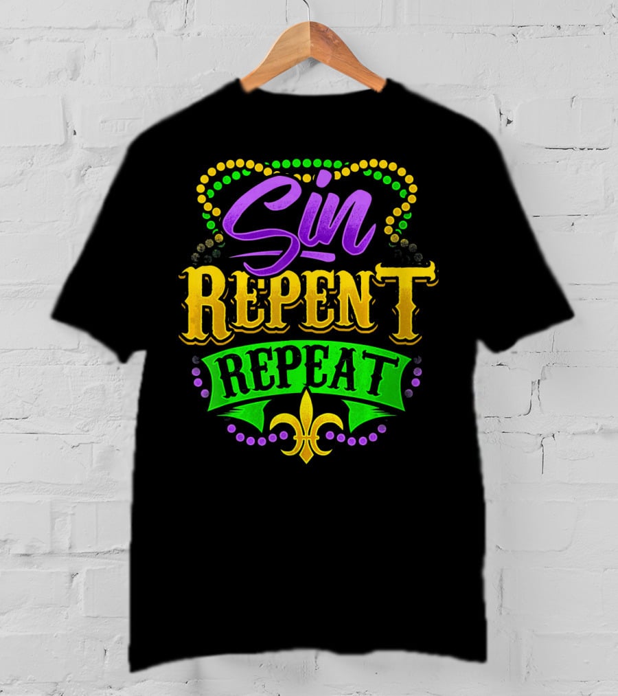 Mardi Gras Sin Repent Repeat Fleur De Lis Beads T-Shirt