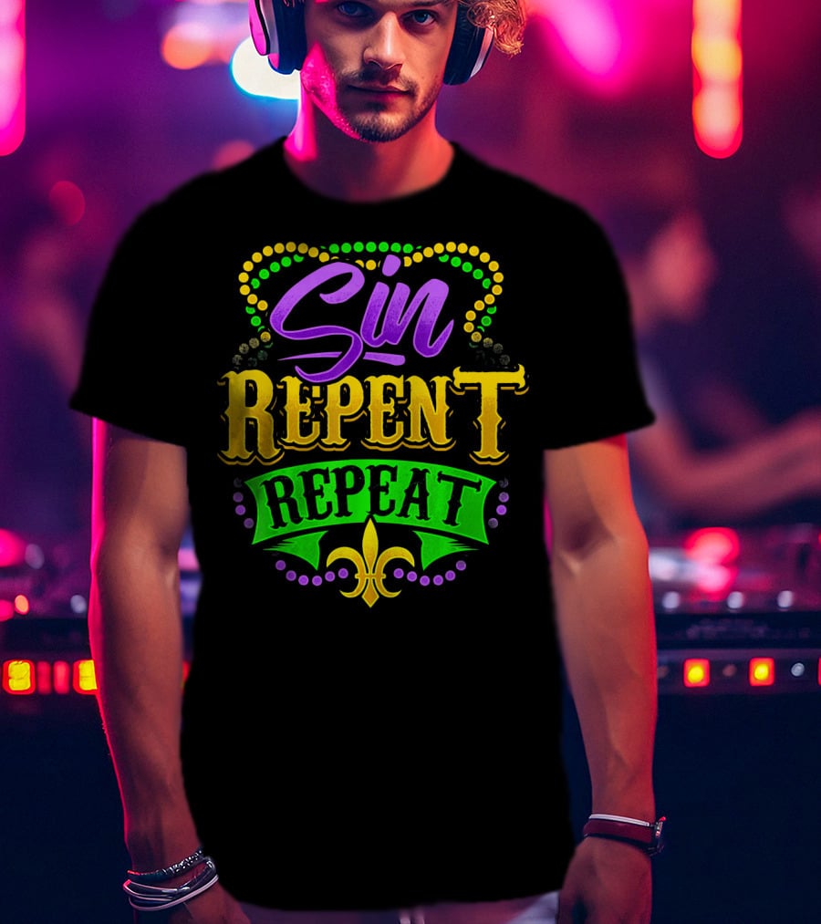 Mardi Gras Sin Repent Repeat Fleur De Lis Beads T-Shirt