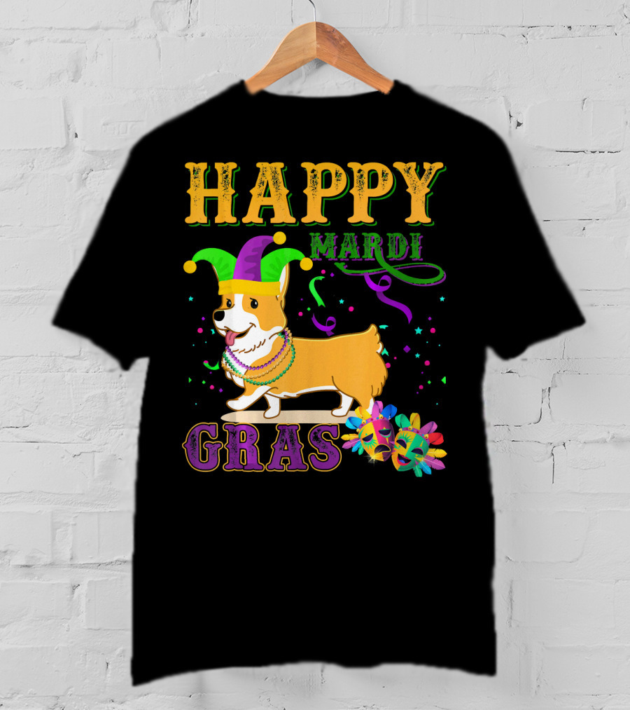 Happy Mardi Gras Welsh Corgi Costume Party T-Shirt