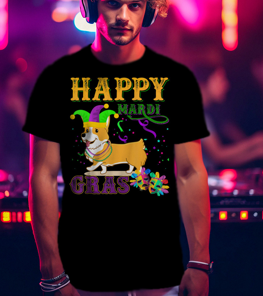 Happy Mardi Gras Welsh Corgi Costume Party T-Shirt