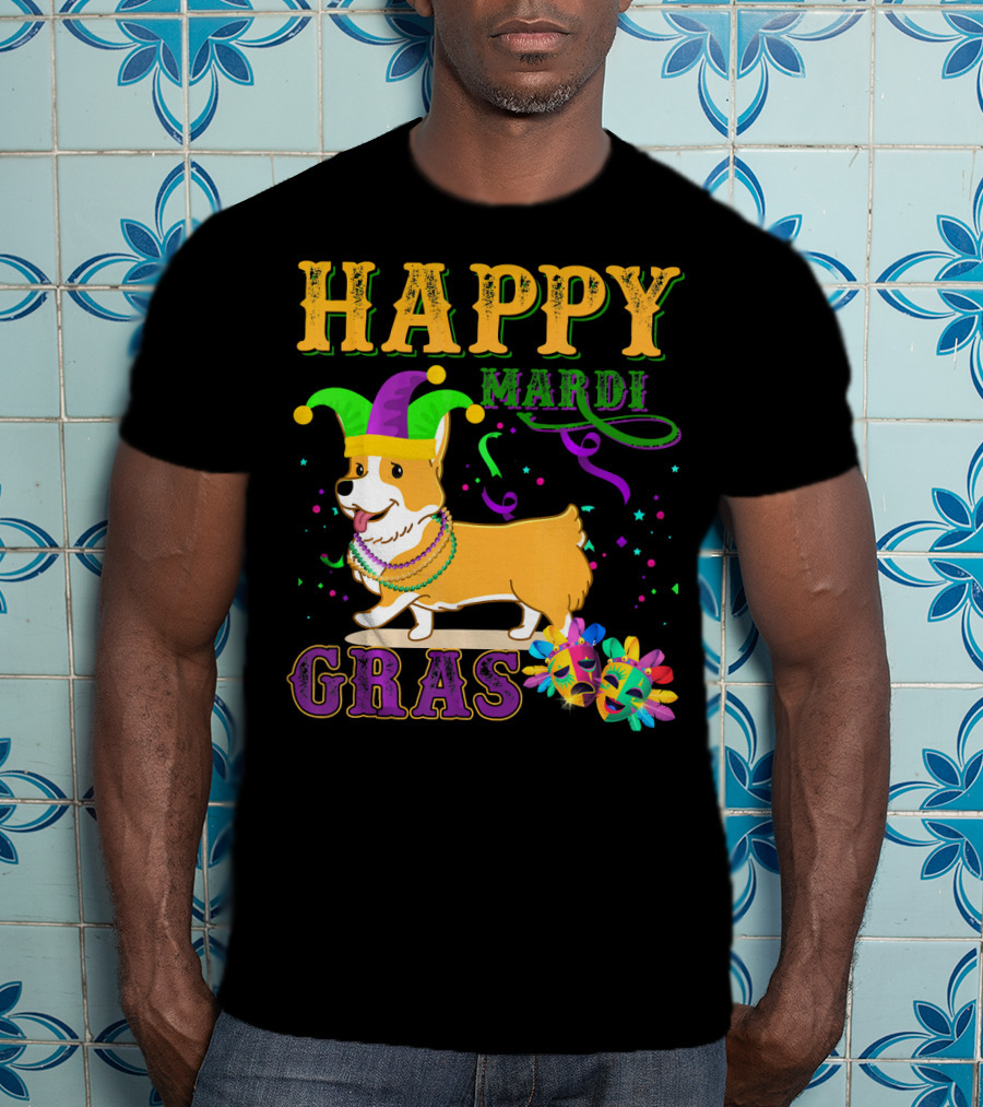 Happy Mardi Gras Welsh Corgi Costume Party T-Shirt