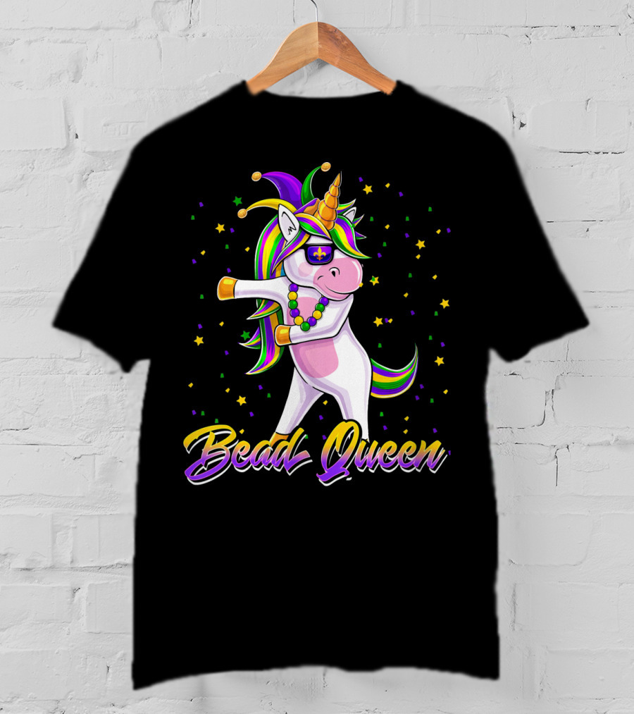 Bead Queen Mardi Gras Unicorn With Floss Dance And Jester Hat T-Shirt