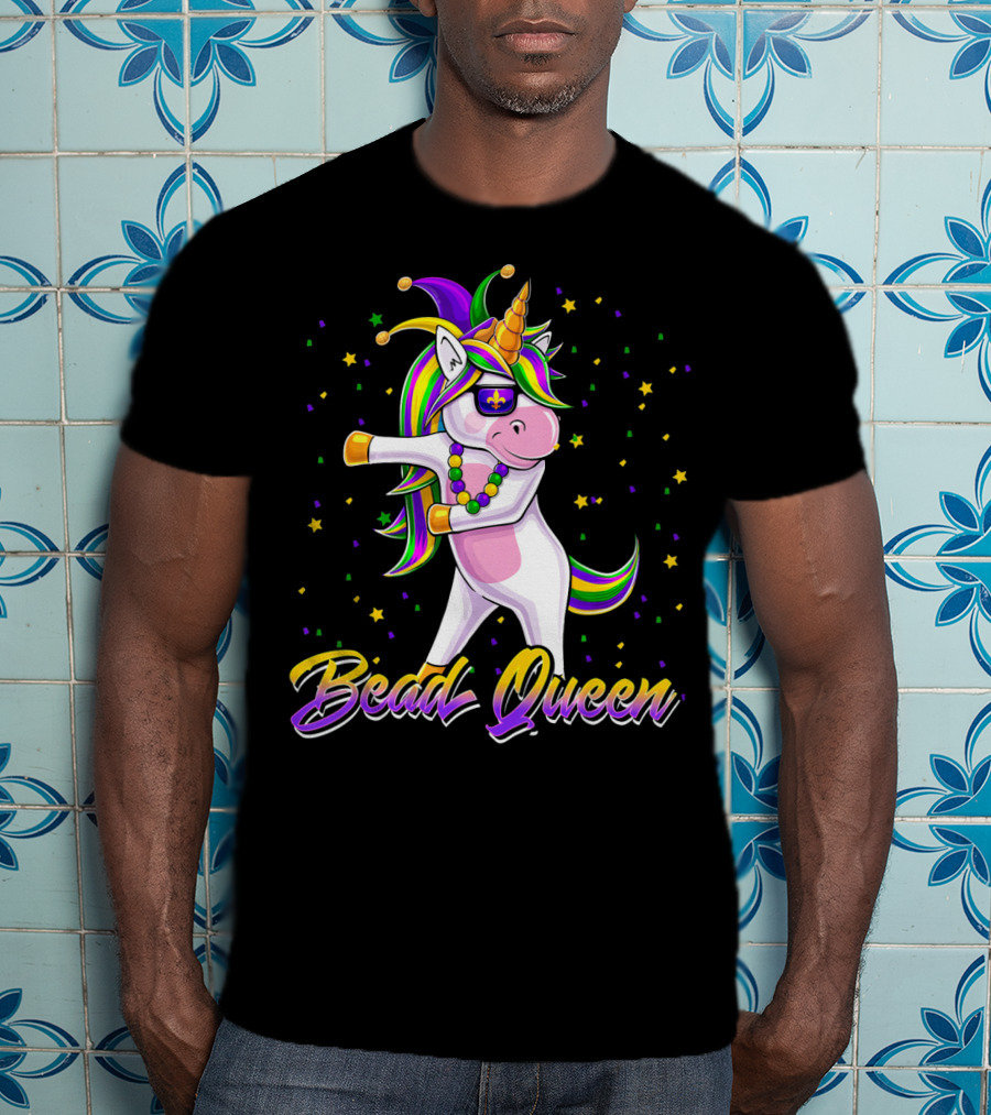 Bead Queen Mardi Gras Unicorn With Floss Dance And Jester Hat T-Shirt