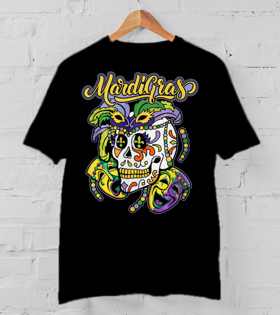 Mardi Gras Sugar Skull With Beads And Mask T-Shirt