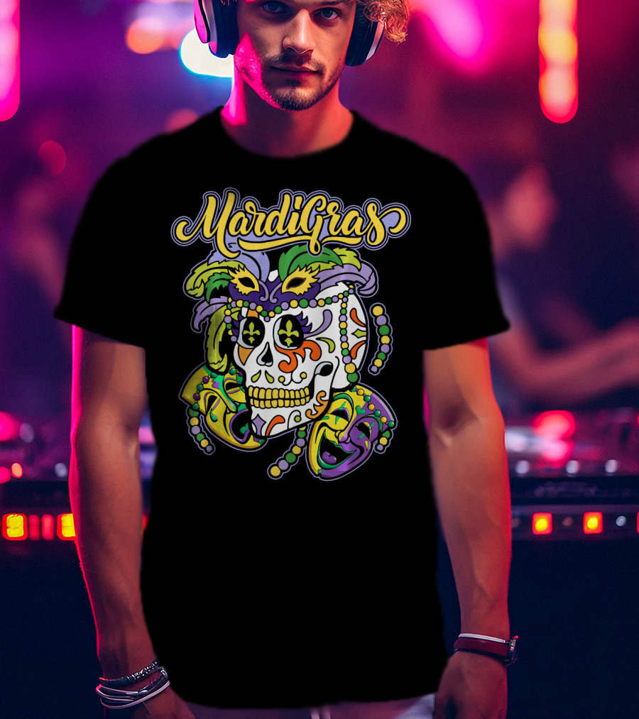 Mardi Gras Sugar Skull With Beads And Mask T-Shirt