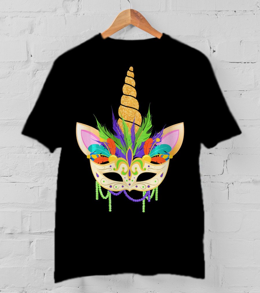 Unicorn Mask With Feathers And Beads Mardi Gras T-Shirt