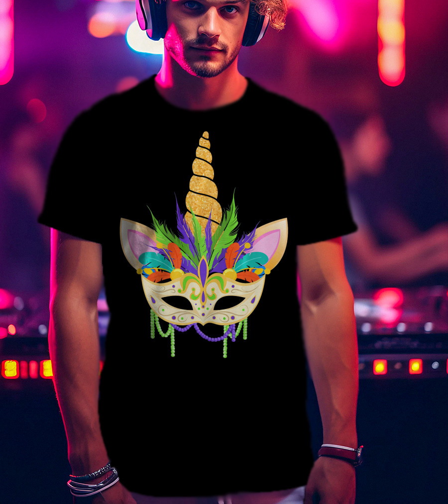 Unicorn Mask With Feathers And Beads Mardi Gras T-Shirt