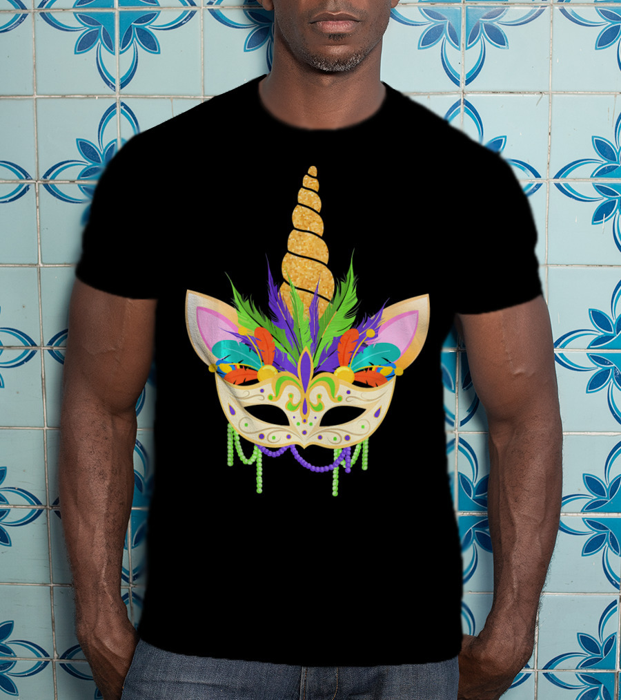 Unicorn Mask With Feathers And Beads Mardi Gras T-Shirt