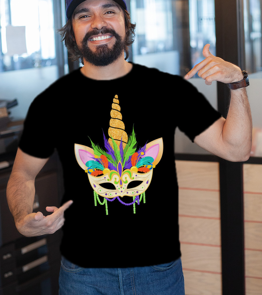 Unicorn Mask With Feathers And Beads Mardi Gras T-Shirt