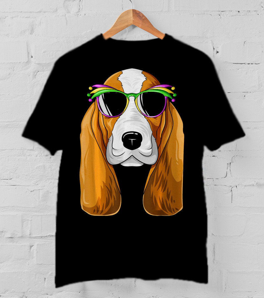 Basset Hound With Mardi Gras Carnival Mask And Sunglasses T-Shirt