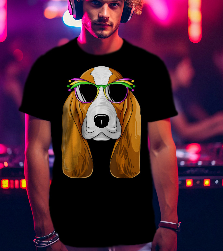 Basset Hound With Mardi Gras Carnival Mask And Sunglasses T-Shirt