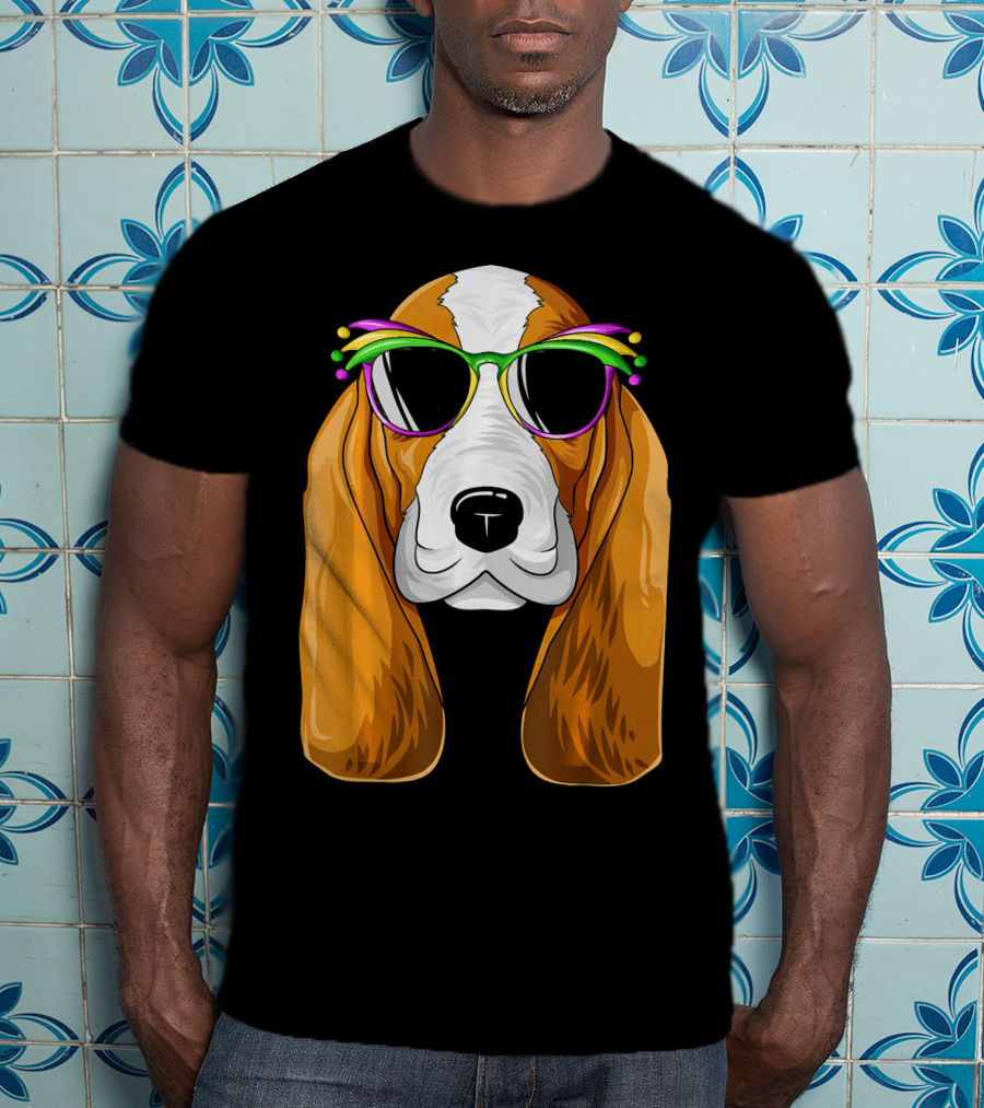Basset Hound With Mardi Gras Carnival Mask And Sunglasses T-Shirt