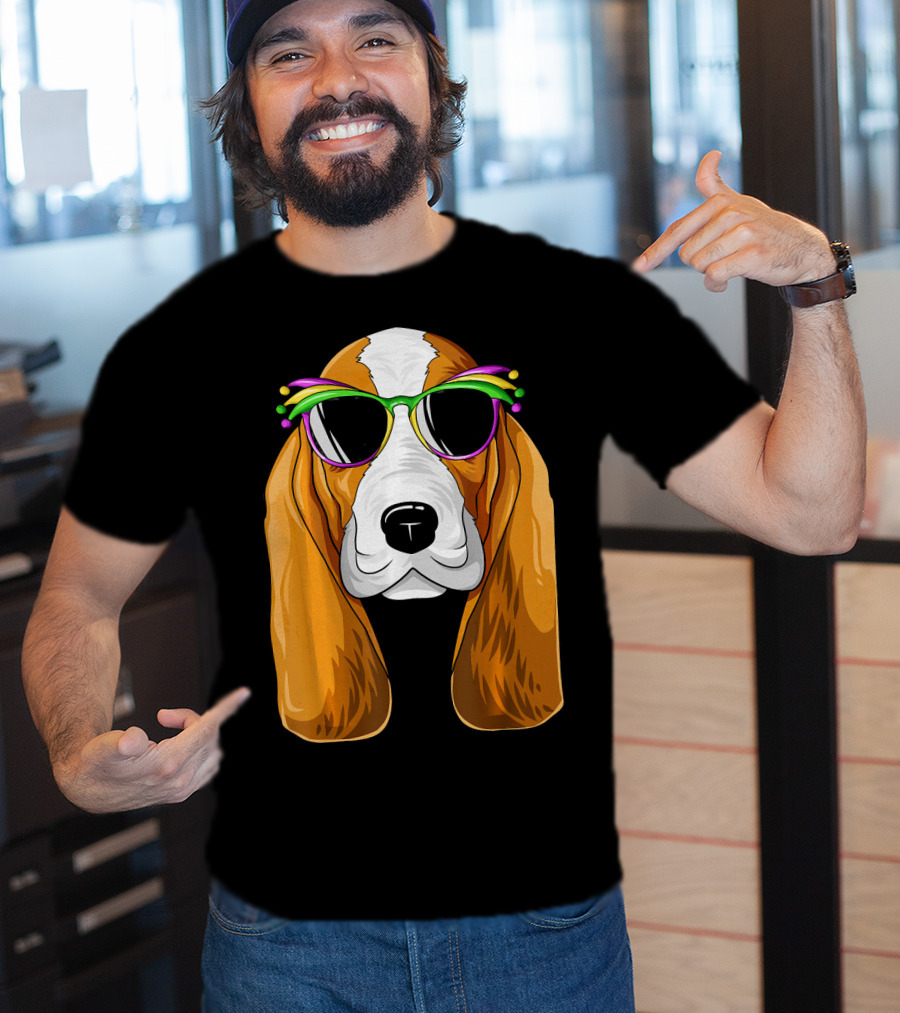 Basset Hound With Mardi Gras Carnival Mask And Sunglasses T-Shirt