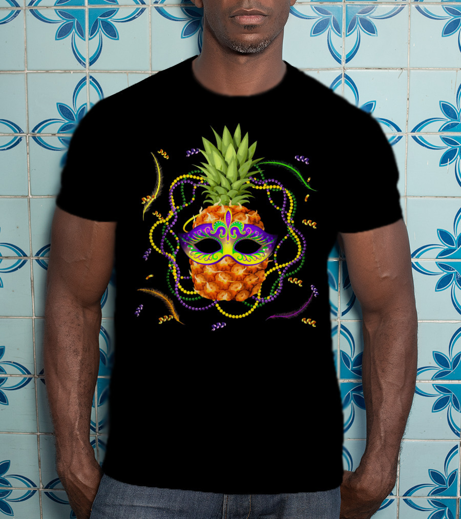 Pineapple Mardi Gras Funny Mask Beads Feathers T-Shirt