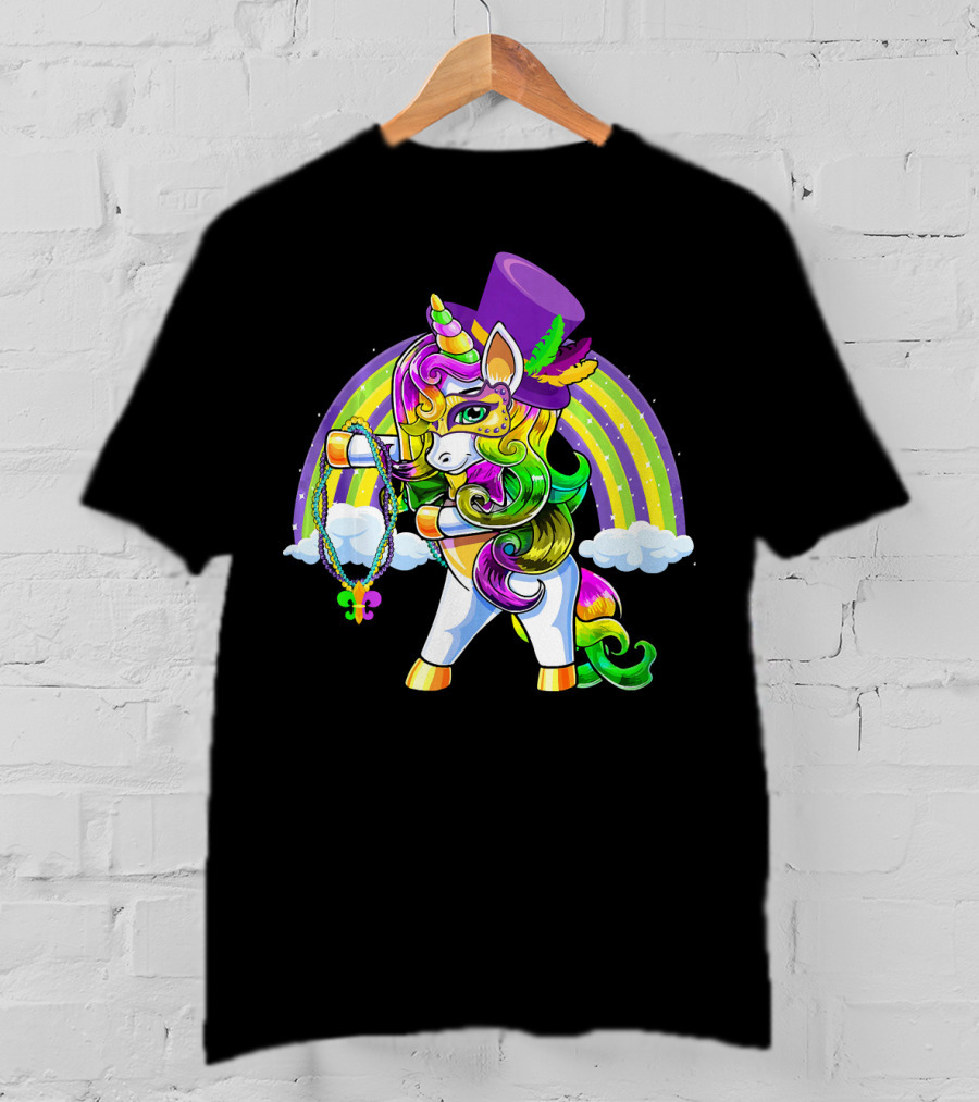Flossing Unicorn In Top Hat With Rainbow And Mardi Gras Elements T-Shirt
