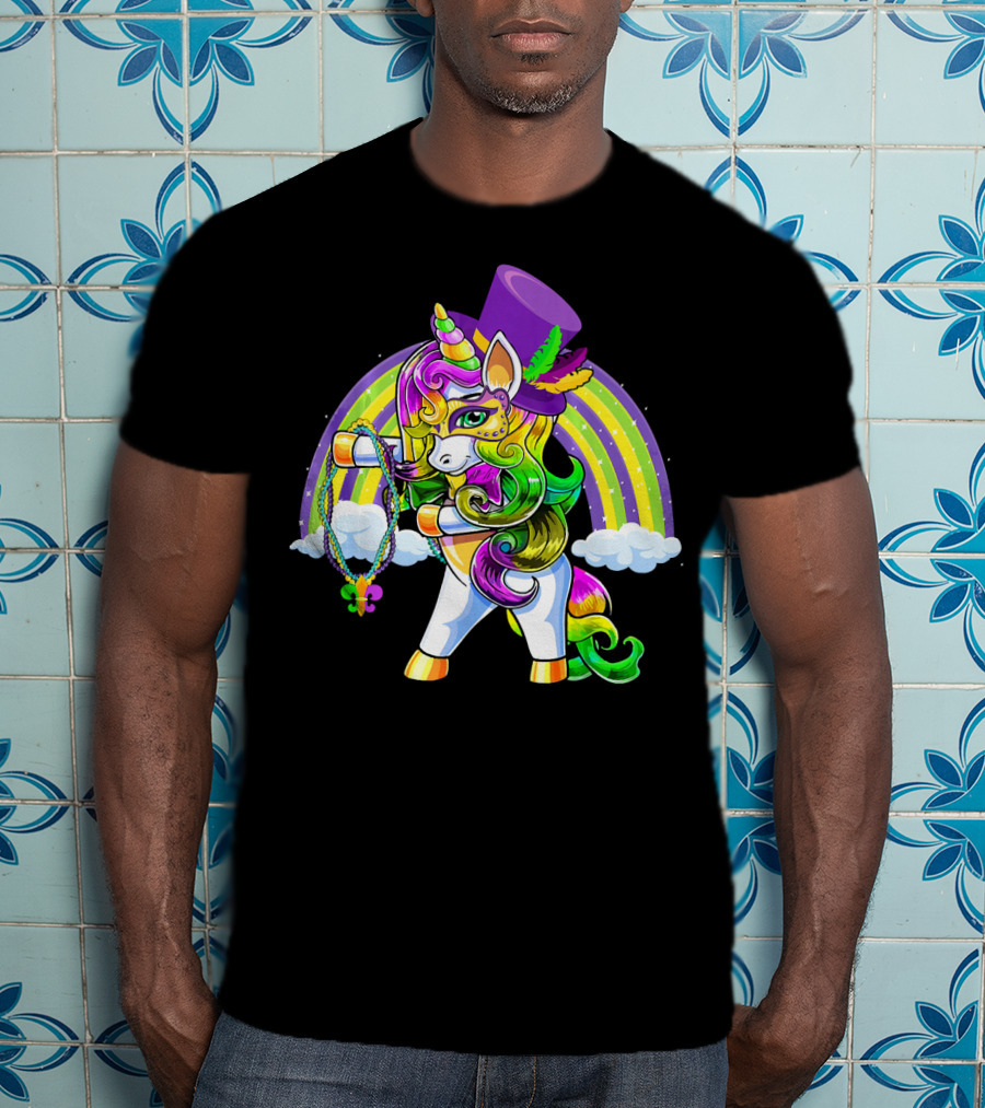 Flossing Unicorn In Top Hat With Rainbow And Mardi Gras Elements T-Shirt