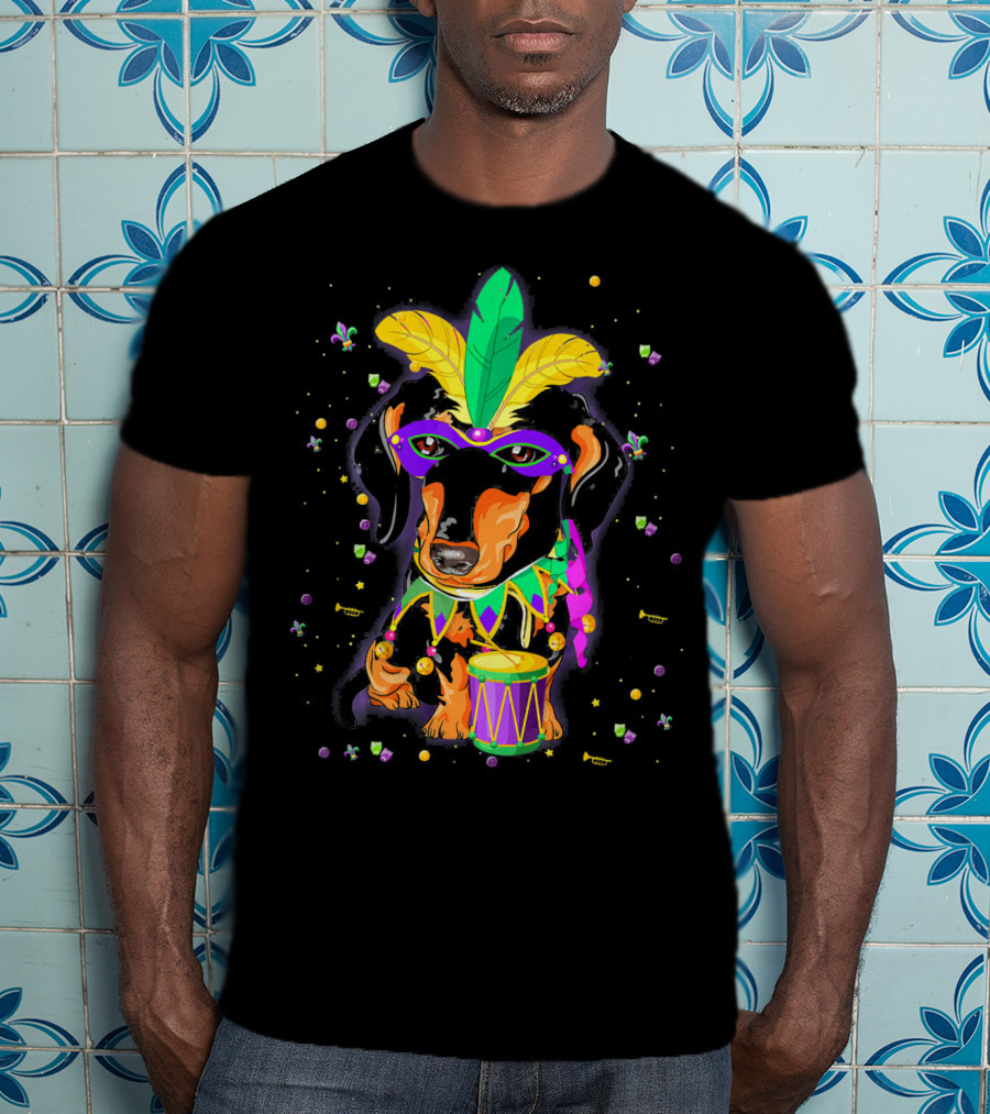 Cute Dachshund In Mardi Gras Mask With Drum And Feathers T-Shirt