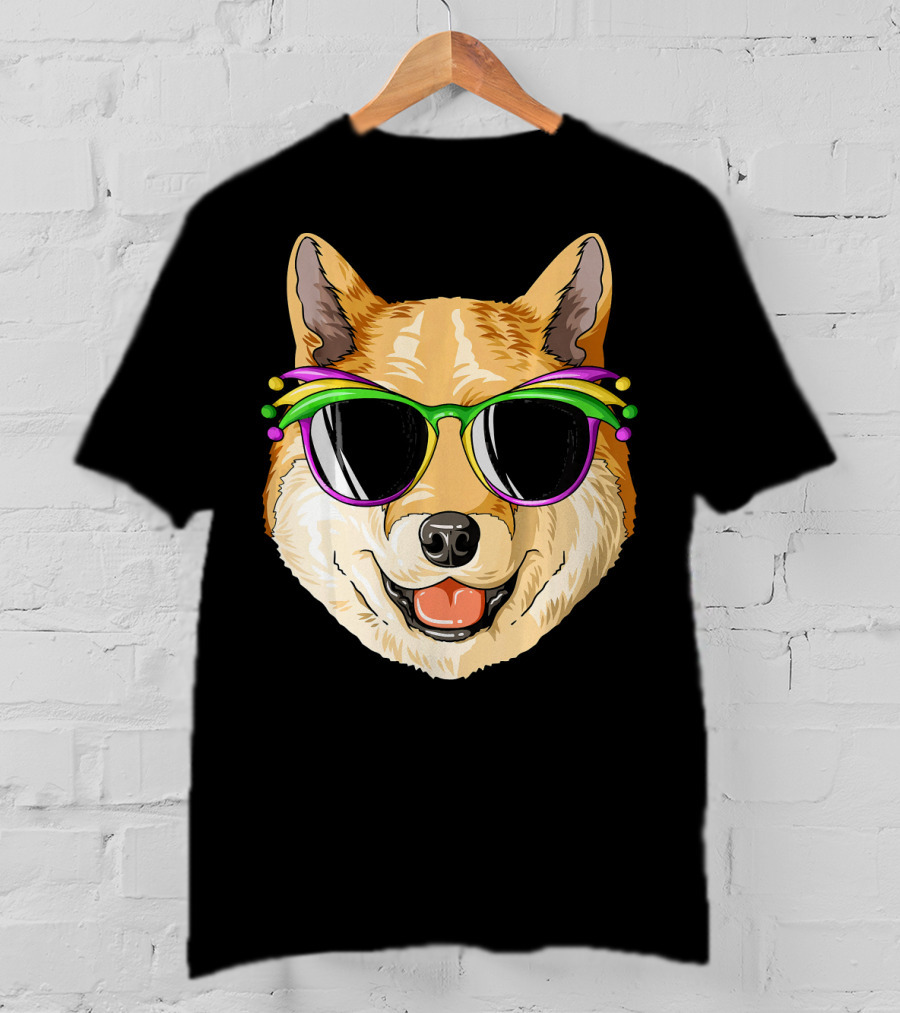 Shiba Inu In Mardi Gras Carnival Mask With Festive Sunglasses T-Shirt