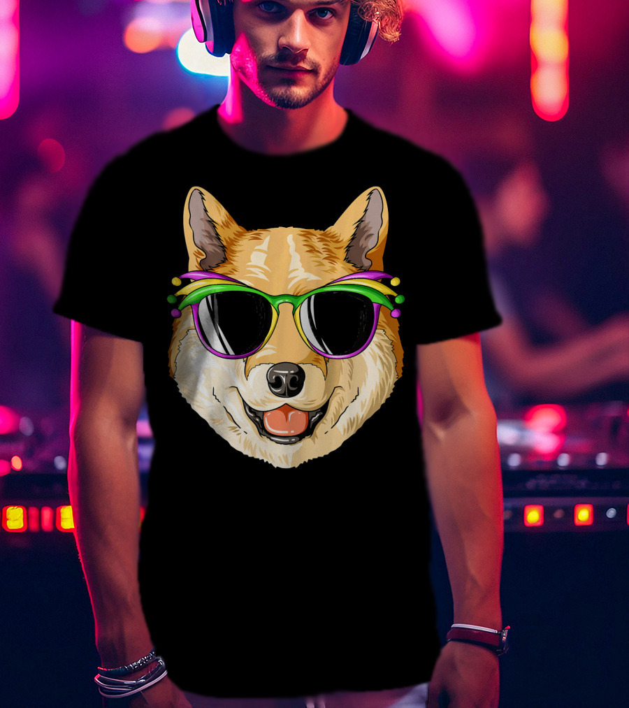 Shiba Inu In Mardi Gras Carnival Mask With Festive Sunglasses T-Shirt