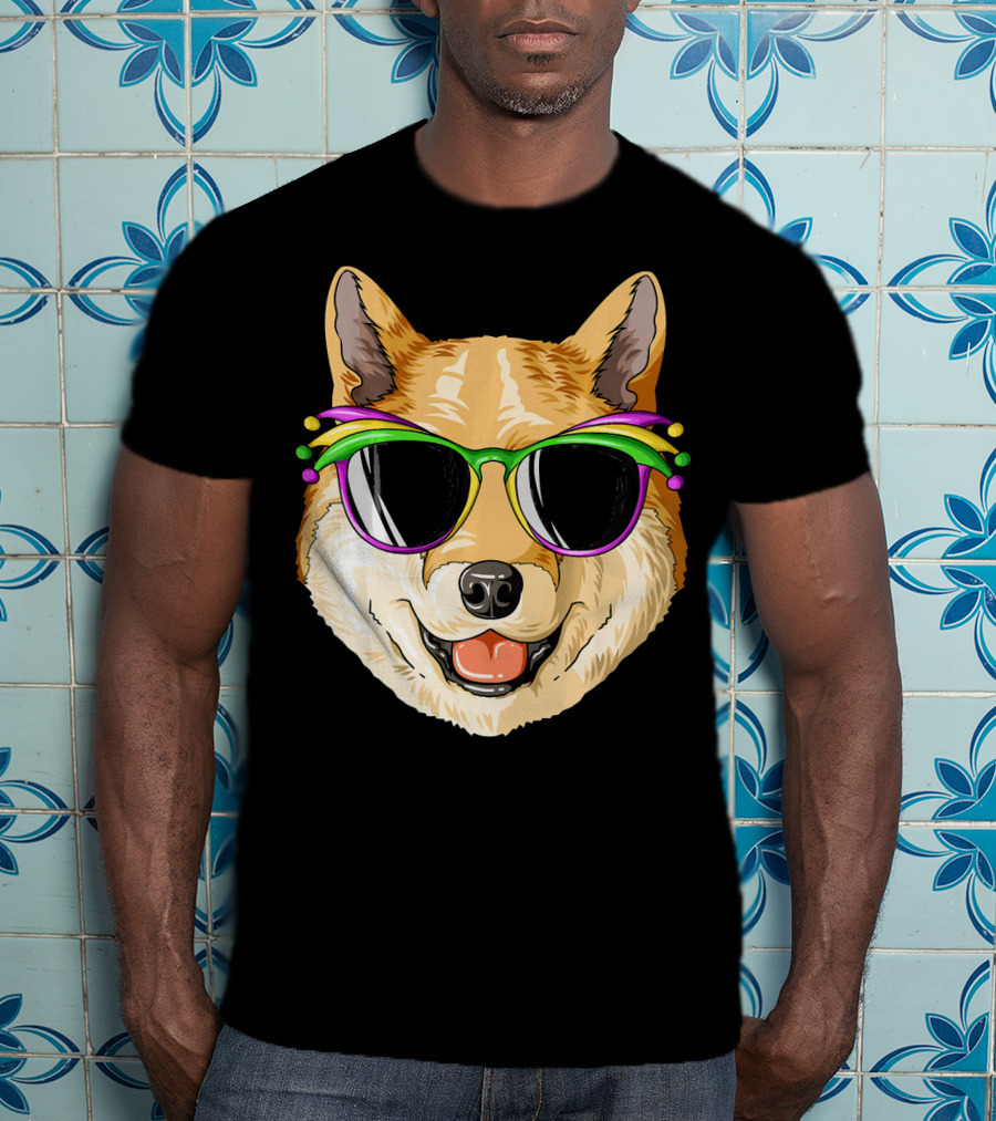 Shiba Inu In Mardi Gras Carnival Mask With Festive Sunglasses T-Shirt