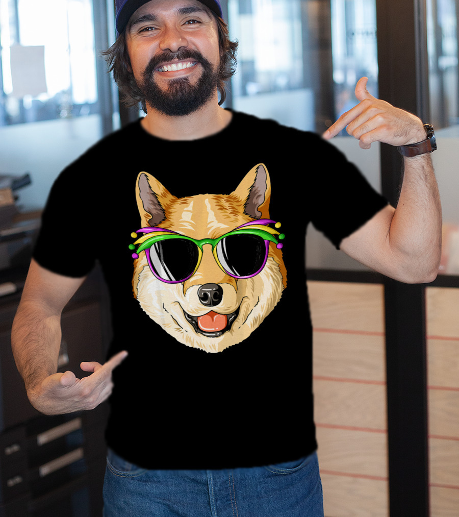 Shiba Inu In Mardi Gras Carnival Mask With Festive Sunglasses T-Shirt