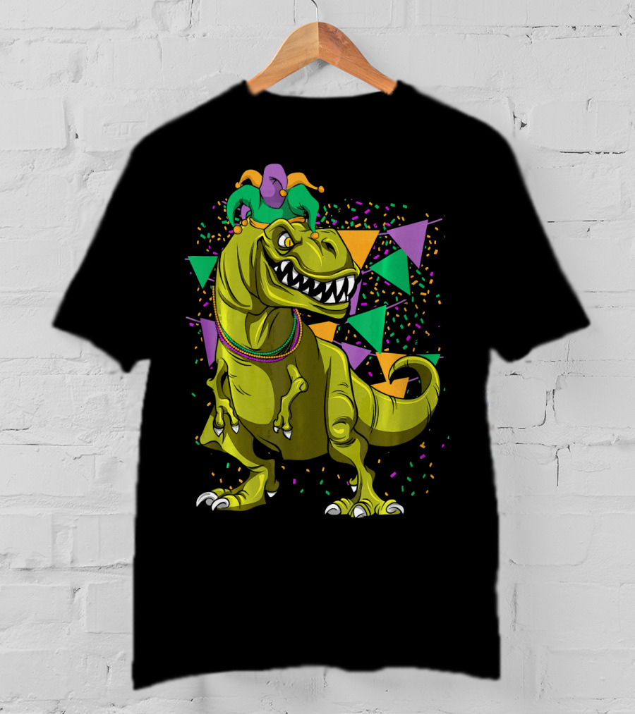 Funny Fat Tuesday Mardi Gras T-Rex Jester With Beads And Confetti T-Shirt