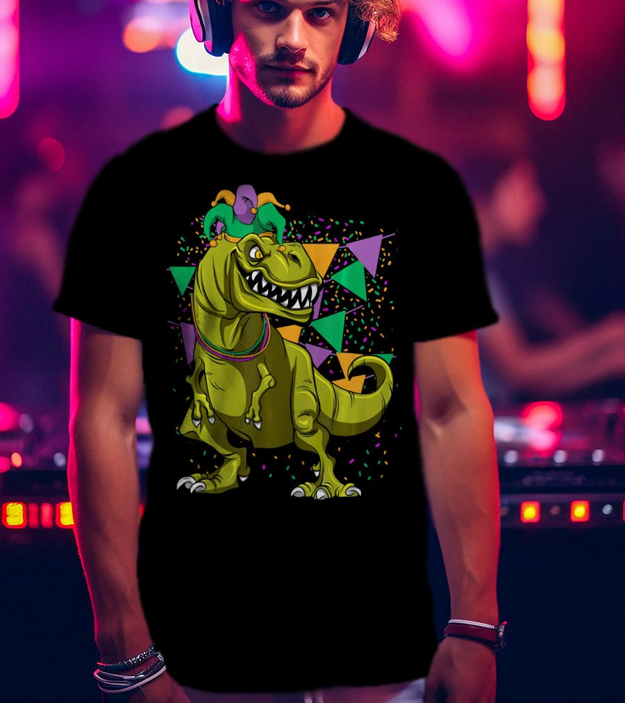 Funny Fat Tuesday Mardi Gras T-Rex Jester With Beads And Confetti T-Shirt