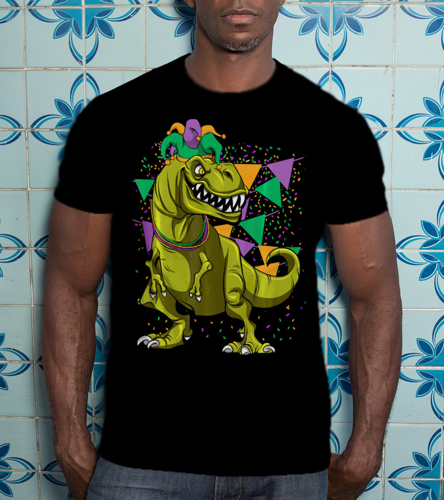 Funny Fat Tuesday Mardi Gras T-Rex Jester With Beads And Confetti T-Shirt