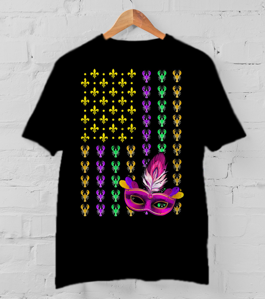 Crawfish Fleur-de-Lis Mardi Gras Mask American Flag T-Shirt