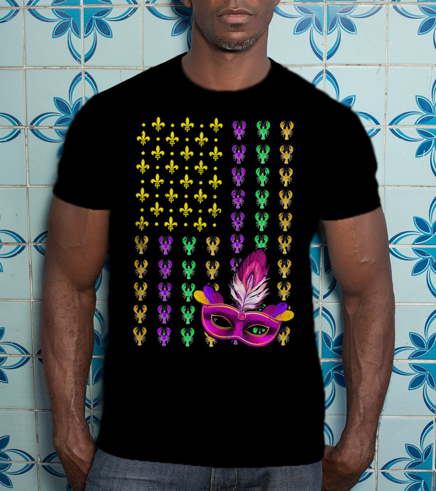 Crawfish Fleur-de-Lis Mardi Gras Mask American Flag T-Shirt