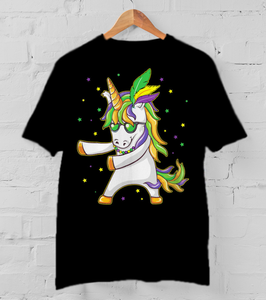 Mardi Gras Unicorn Dabbing And Flossing Colorful Festive Dance T-Shirt