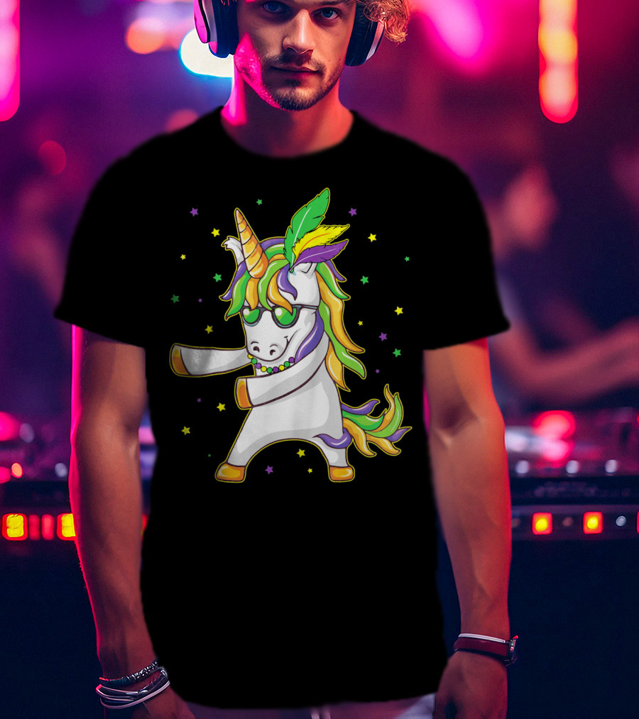 Mardi Gras Unicorn Dabbing And Flossing Colorful Festive Dance T-Shirt