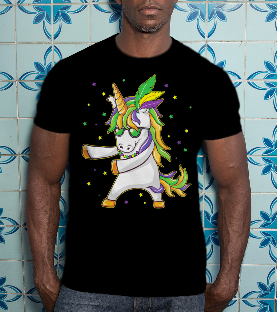 Mardi Gras Unicorn Dabbing And Flossing Colorful Festive Dance T-Shirt