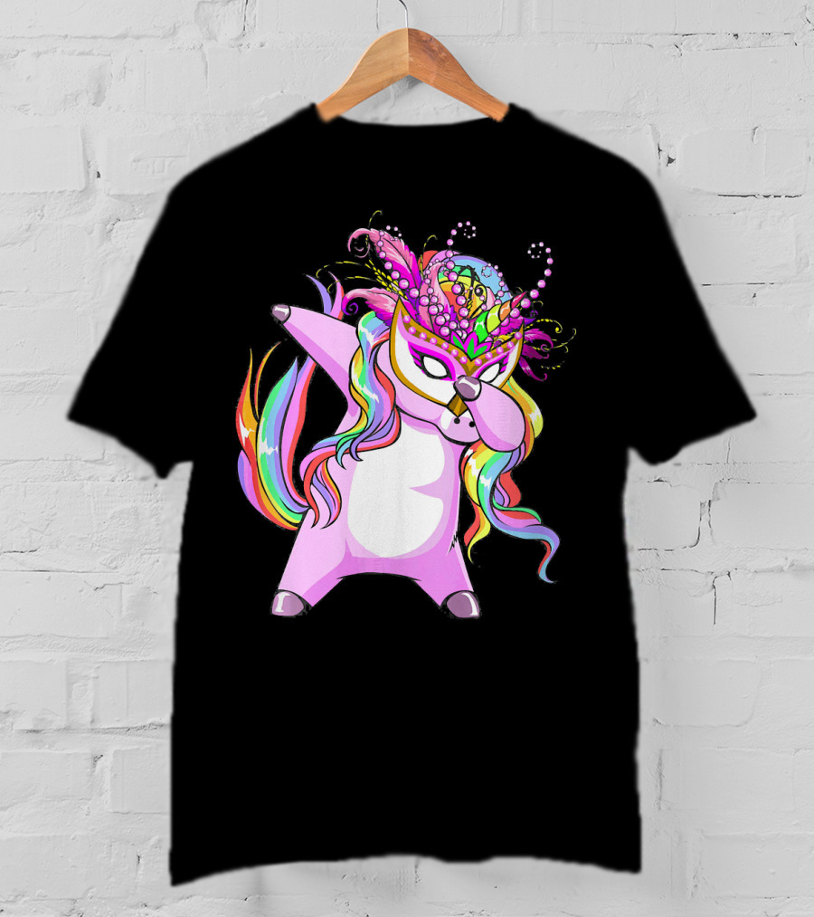 Dabbing Mardi Gras Masked Unicorn With Colorful Mane T-Shirt