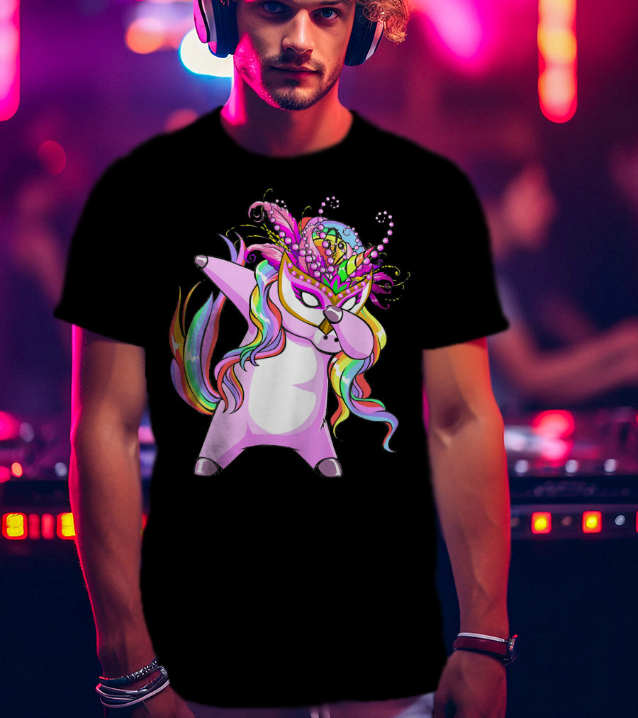 Dabbing Mardi Gras Masked Unicorn With Colorful Mane T-Shirt