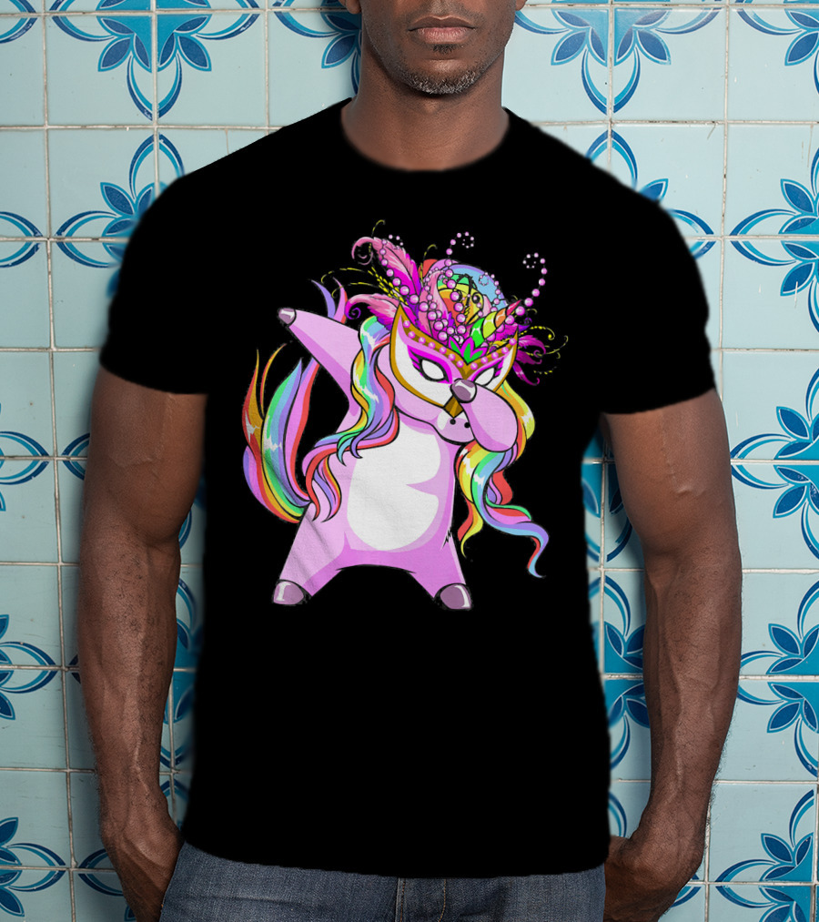 Dabbing Mardi Gras Masked Unicorn With Colorful Mane T-Shirt