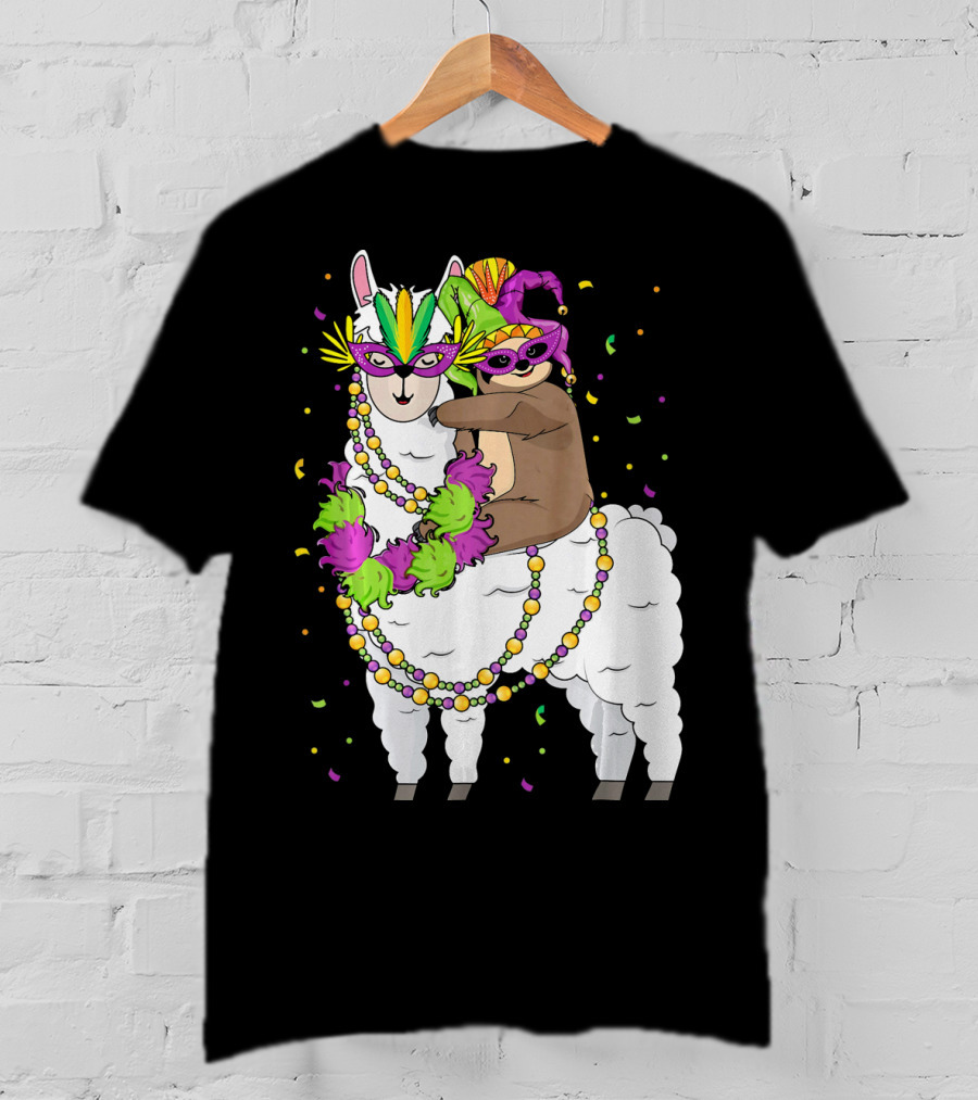 Llama Masked With Beads And Confetti Sloth Mardi Gras T-Shirt
