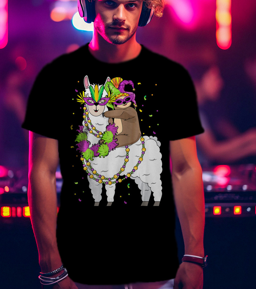 Llama Masked With Beads And Confetti Sloth Mardi Gras T-Shirt
