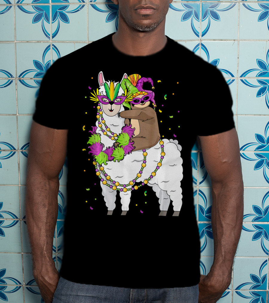 Llama Masked With Beads And Confetti Sloth Mardi Gras T-Shirt