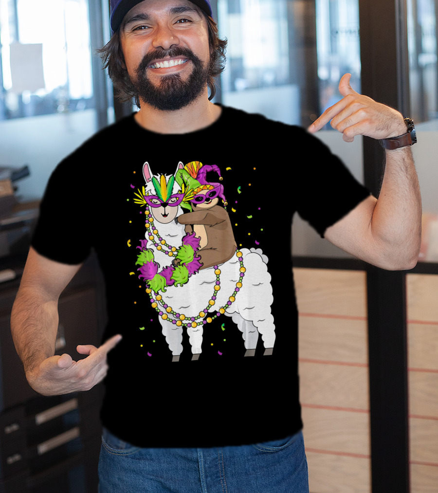 Llama Masked With Beads And Confetti Sloth Mardi Gras T-Shirt