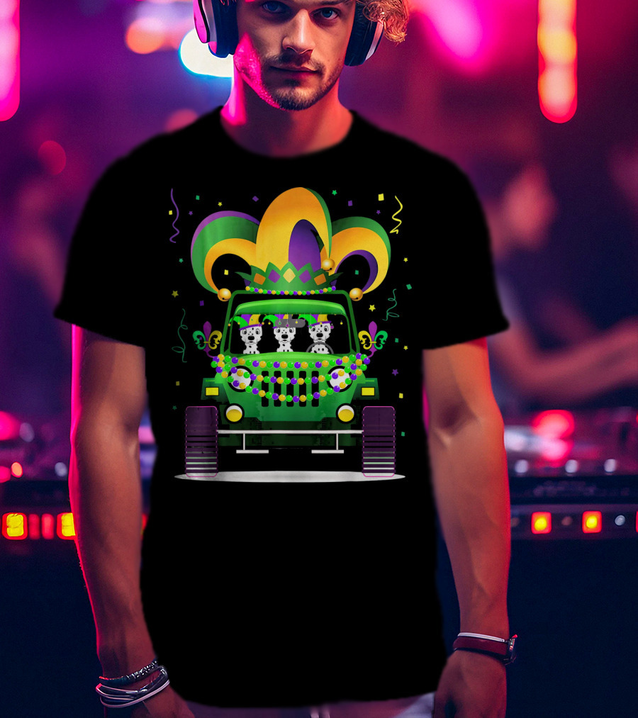 Dalmatian Mardi Gras Jeep Adventure With Jester Hat And Beads T-Shirt