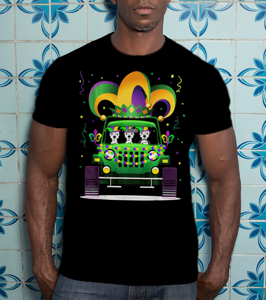 Dalmatian Mardi Gras Jeep Adventure With Jester Hat And Beads T-Shirt