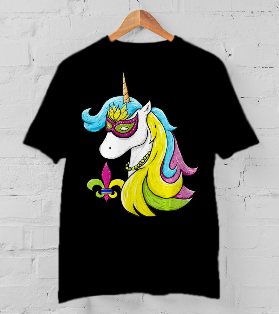 Mardi Gras Unicorn Mask With Fleur-de-Lis And Colorful Hair Fat Tuesday T-Shirt