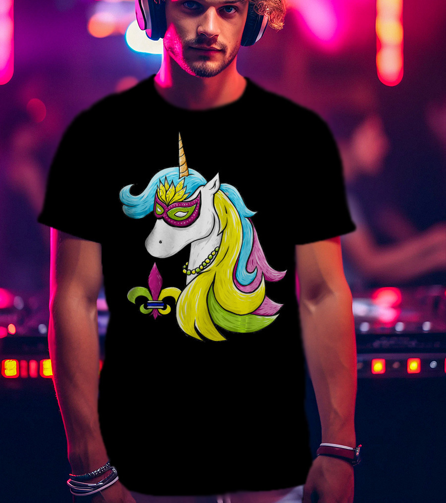 Mardi Gras Unicorn Mask With Fleur-de-Lis And Colorful Hair Fat Tuesday T-Shirt