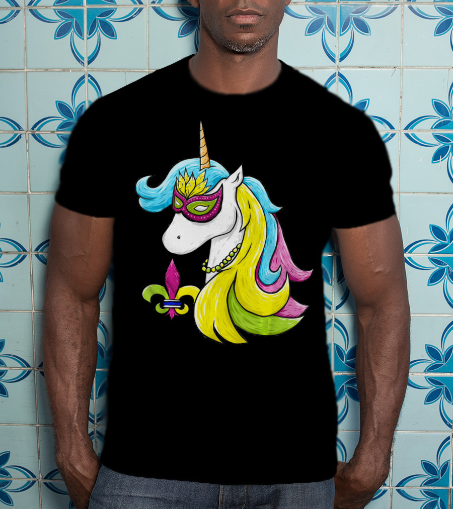 Mardi Gras Unicorn Mask With Fleur-de-Lis And Colorful Hair Fat Tuesday T-Shirt